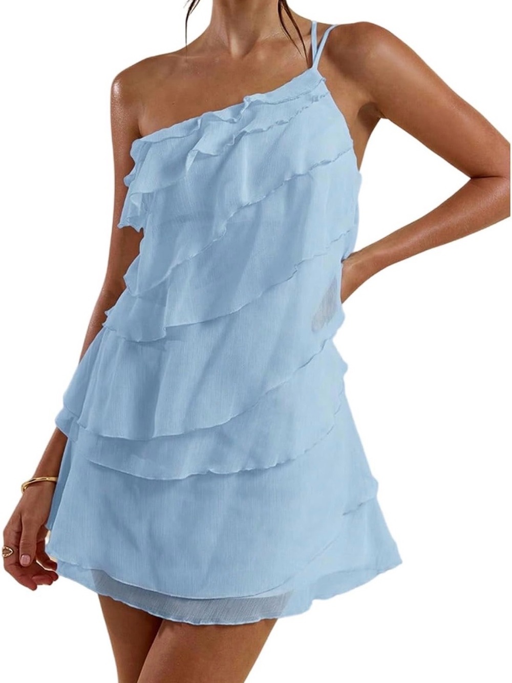 Light Blue One-Shoulder Mini Dress